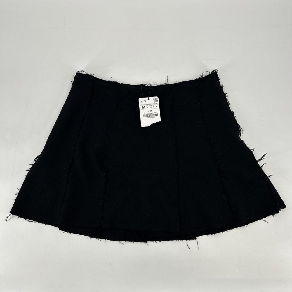 Zara Mini Skirt Frayed Hem Womens Size M Black Faux Leather Punk Goth Pleated